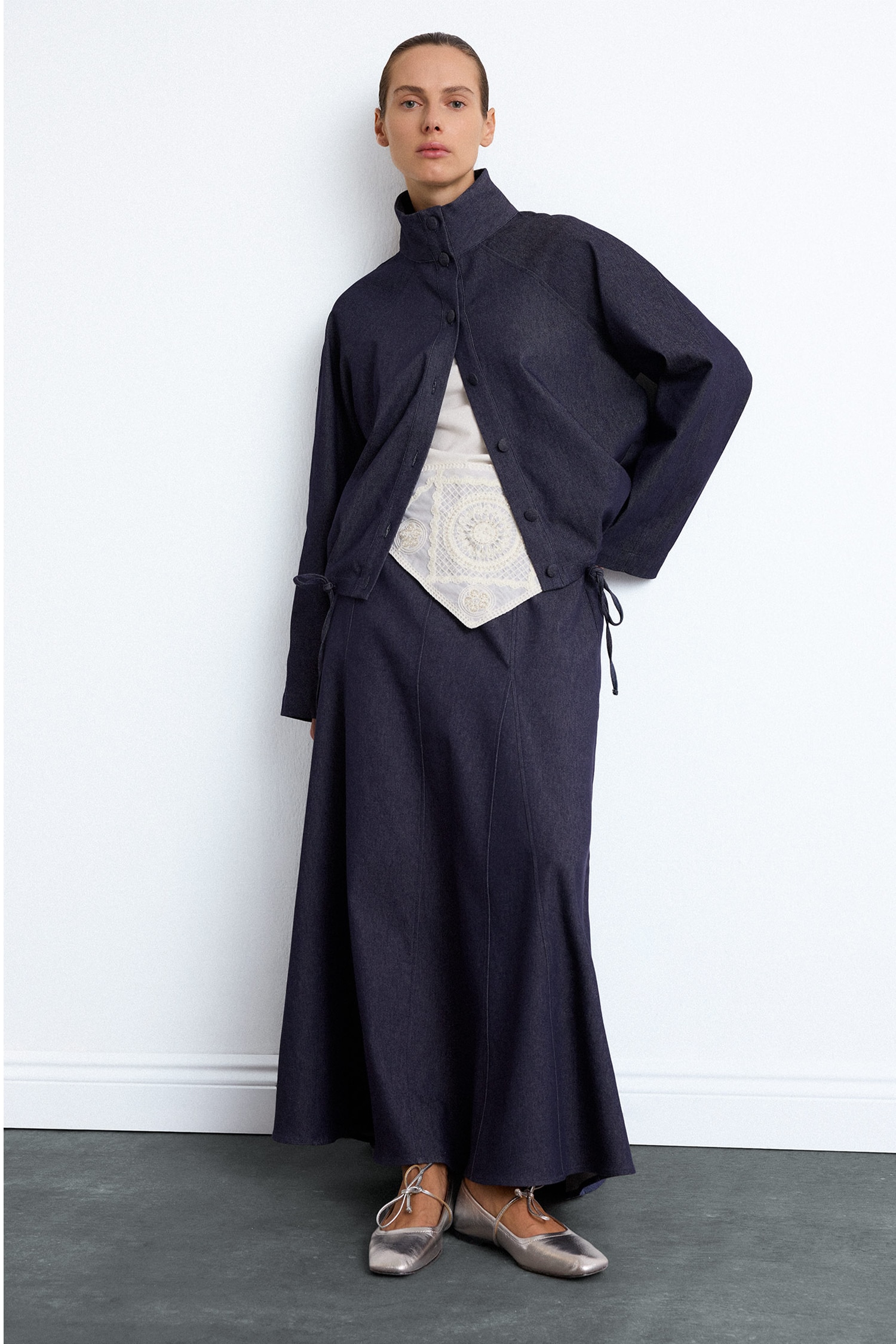 Standard Neck Gathered Regular Fit Denim Look Jacket
