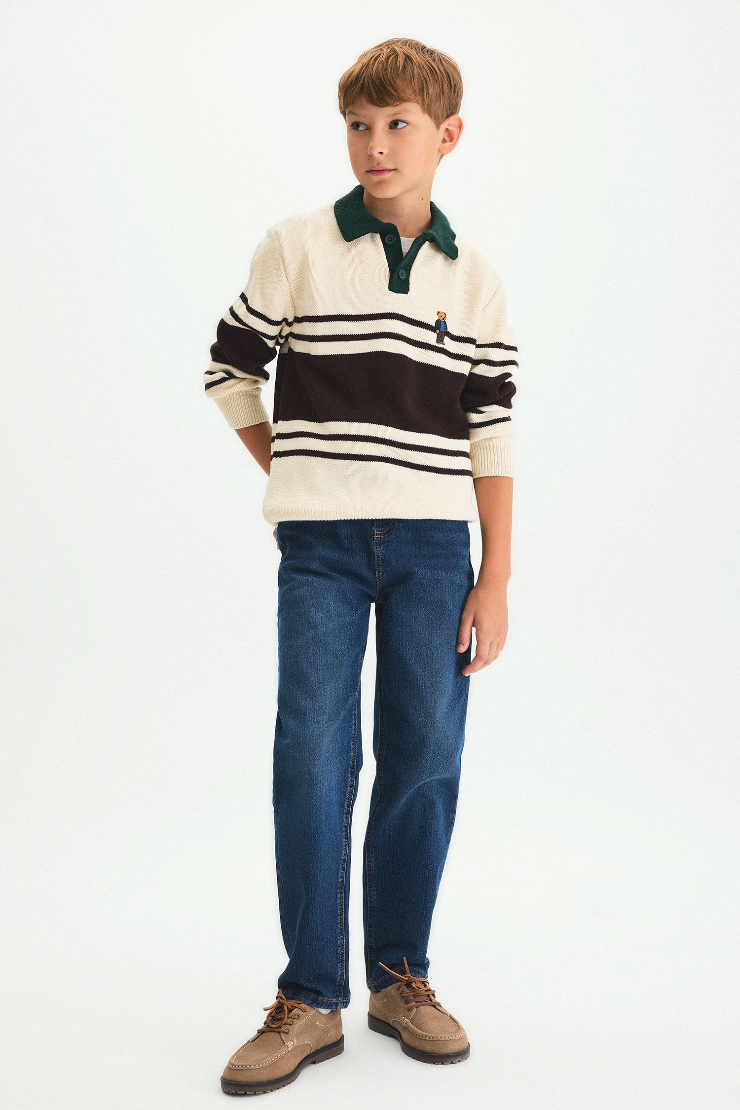 Oversize Çizgili Ayıcıklı Polo Yaka Kazak