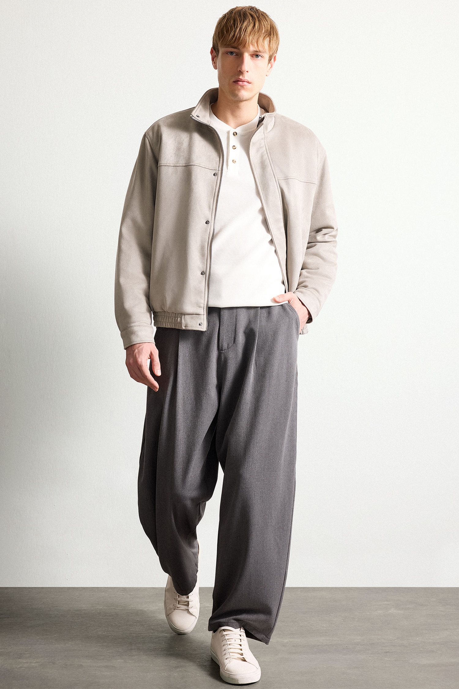 Oversize Stand Collar Plush Lining Suede Look Jacket