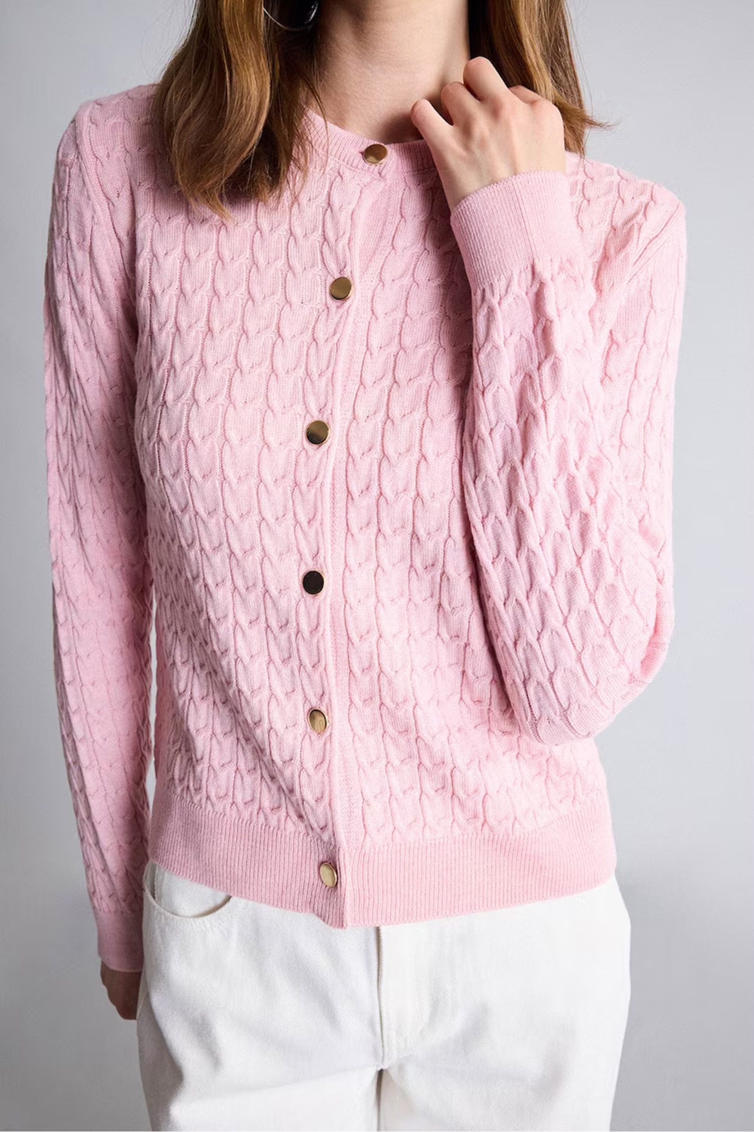 Regular Fit Pink Knitted Crew Neck Cardigan