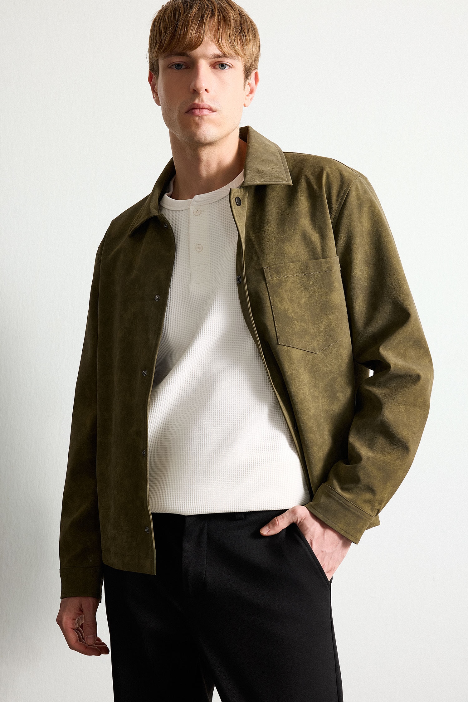Regular Fit Lined Water-Repellent Suede-Look Polo Collar Buttoned Jacket