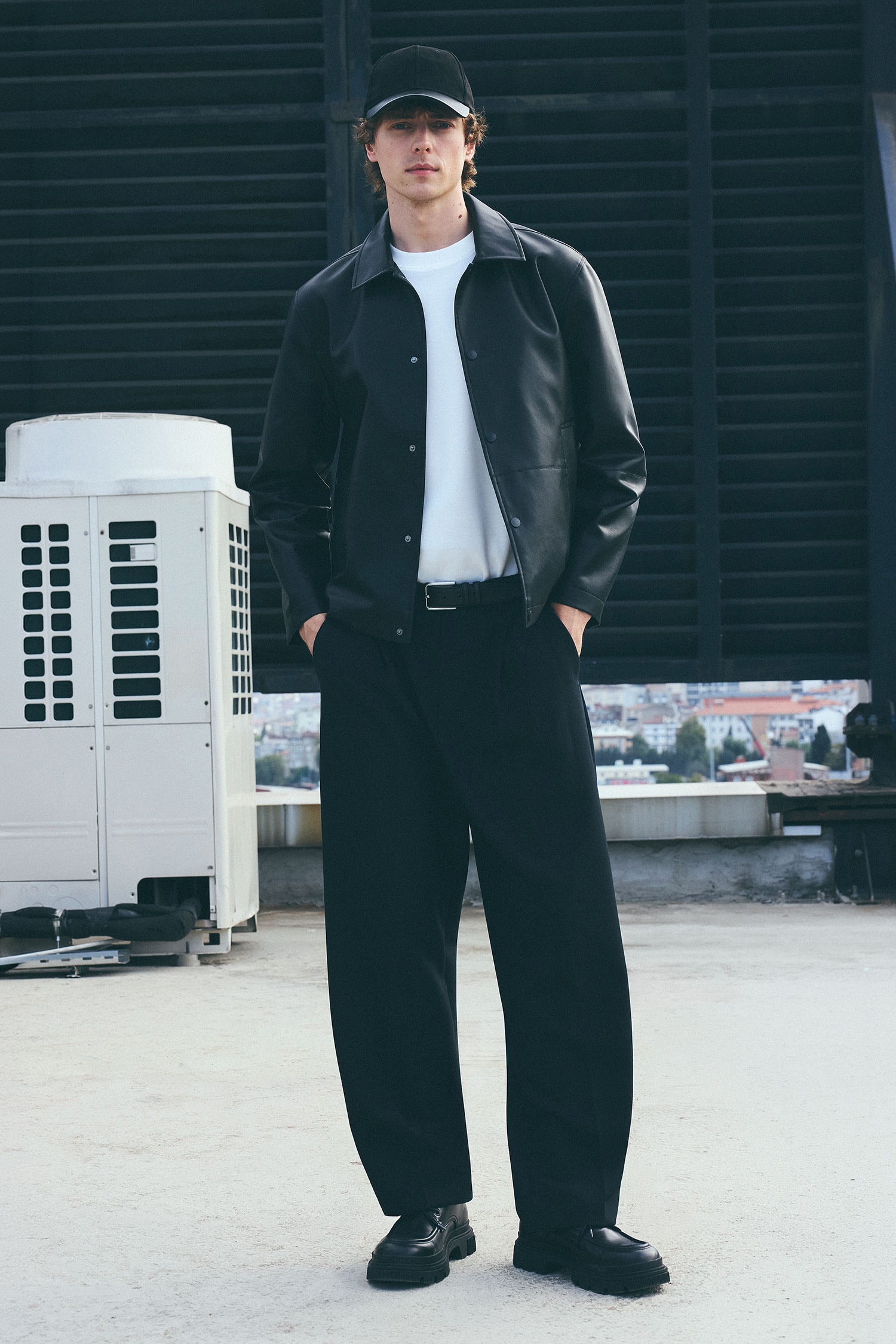 Snap Polo Collar Faux Leather Jacket
