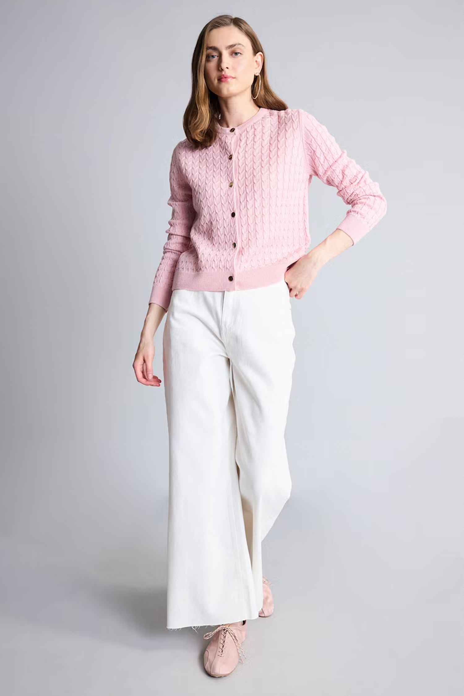 Regular Fit Pink Knitted Crew Neck Cardigan