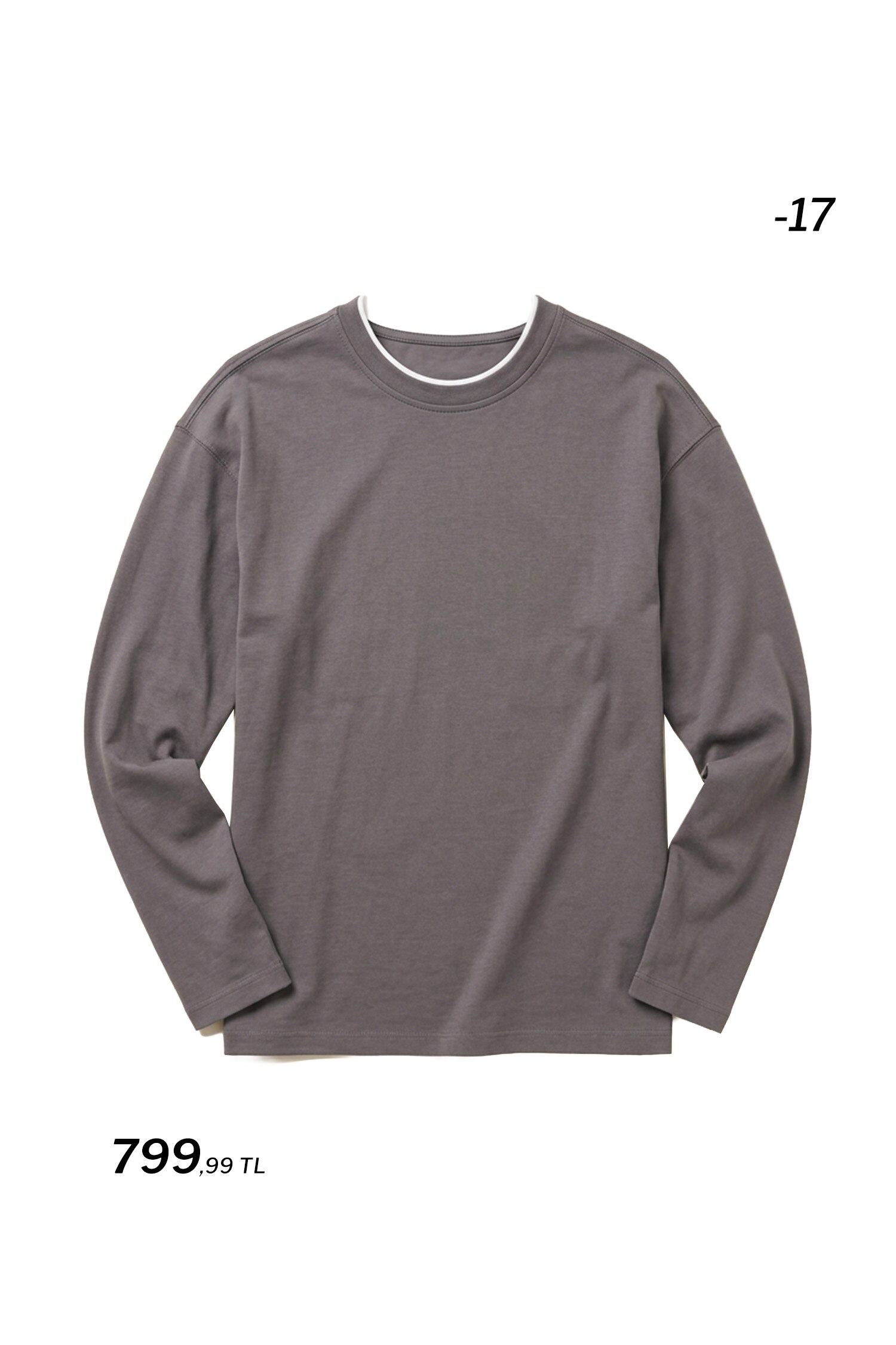 100% Cotton Regular Fit Crew Neck Contrast Detail Long Sleeve Basic T-Shirt
