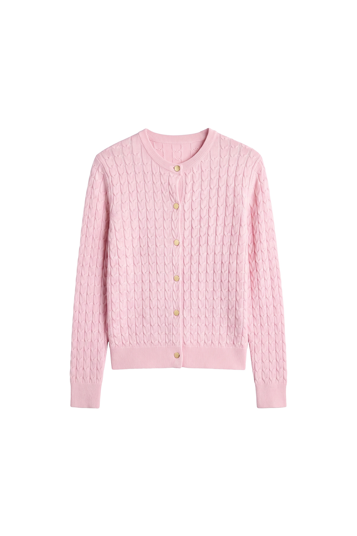 Regular Fit Pink Knitted Crew Neck Cardigan