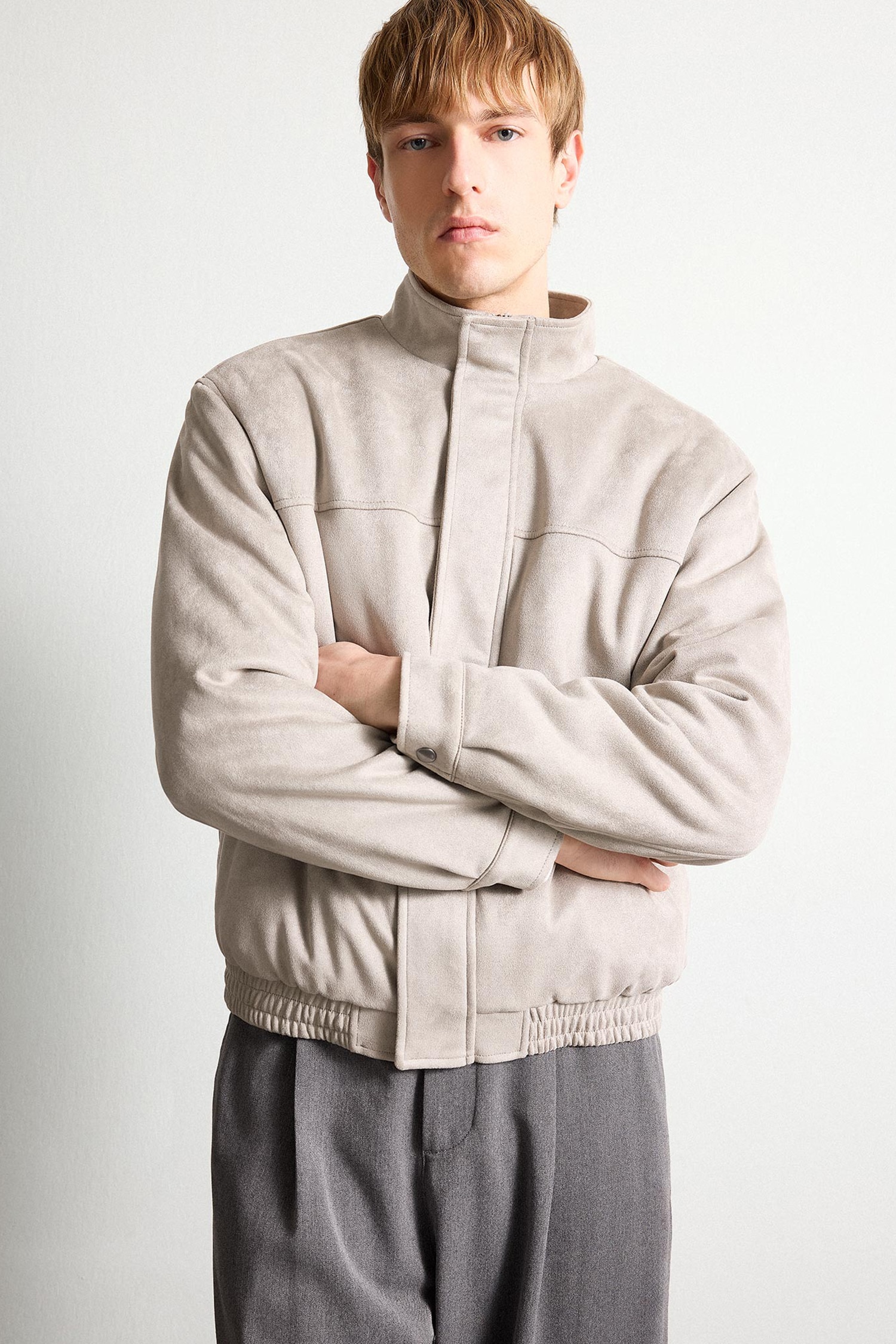 Oversize Stand Collar Plush Lining Suede Look Jacket