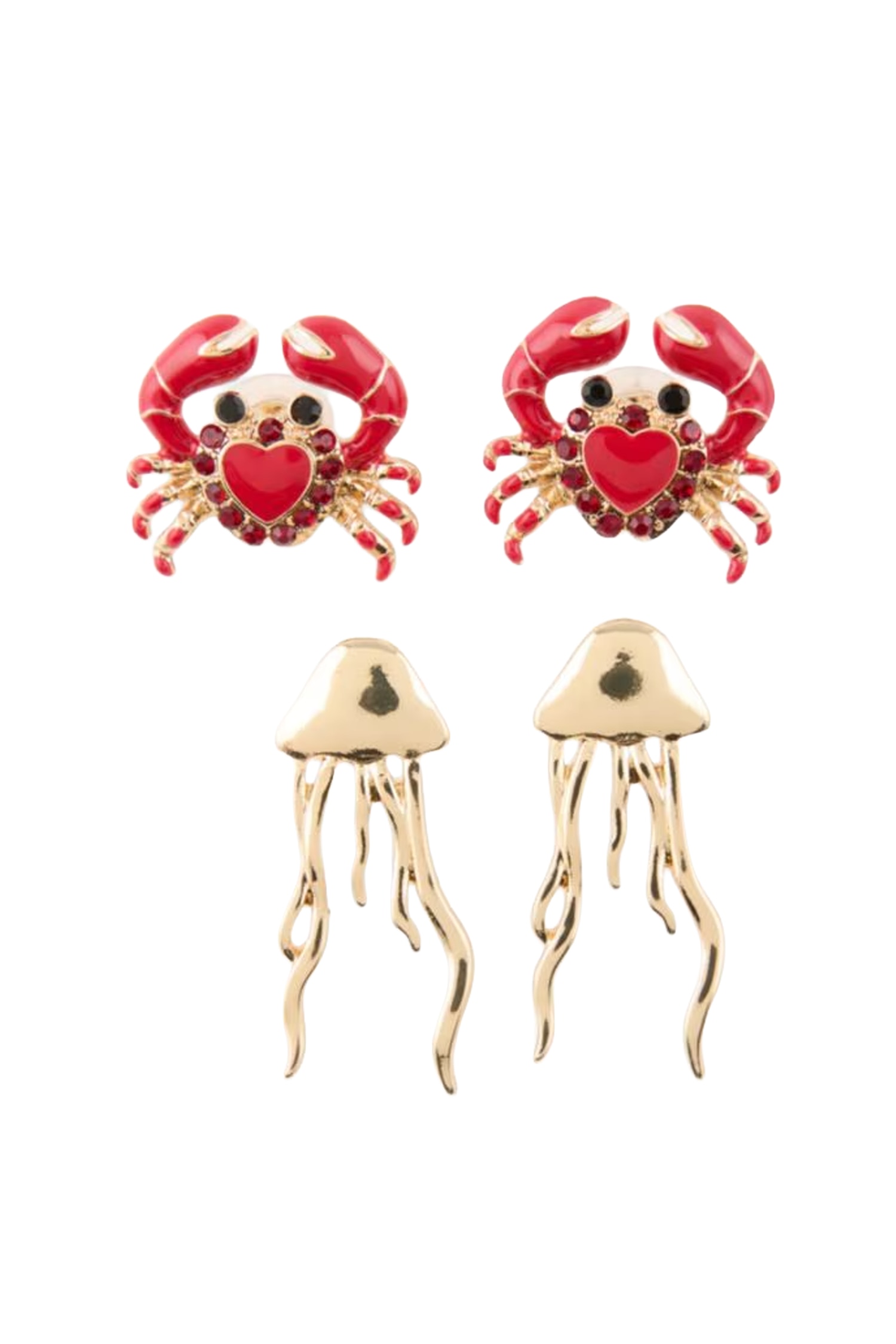 Woman Gold Tone Crab Motif 2 Piece Earrings