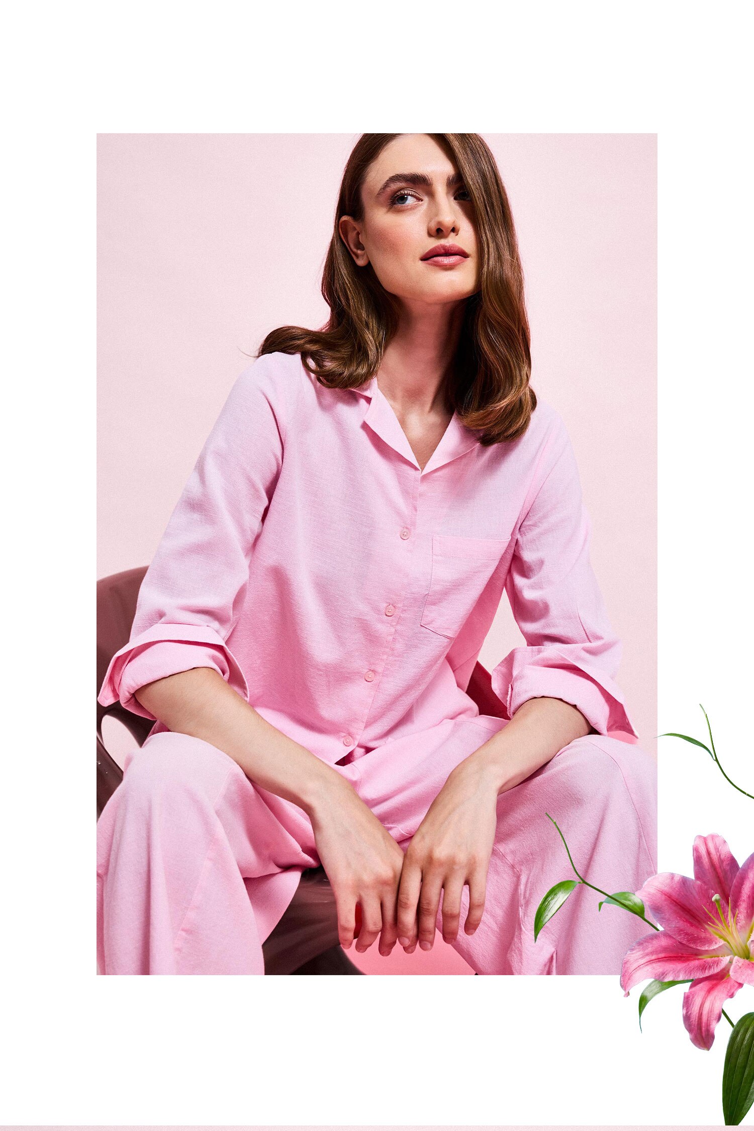 Oversıze Pijama Yaka Keten Karışımlı Uzun Kollu Pembe Gömlek